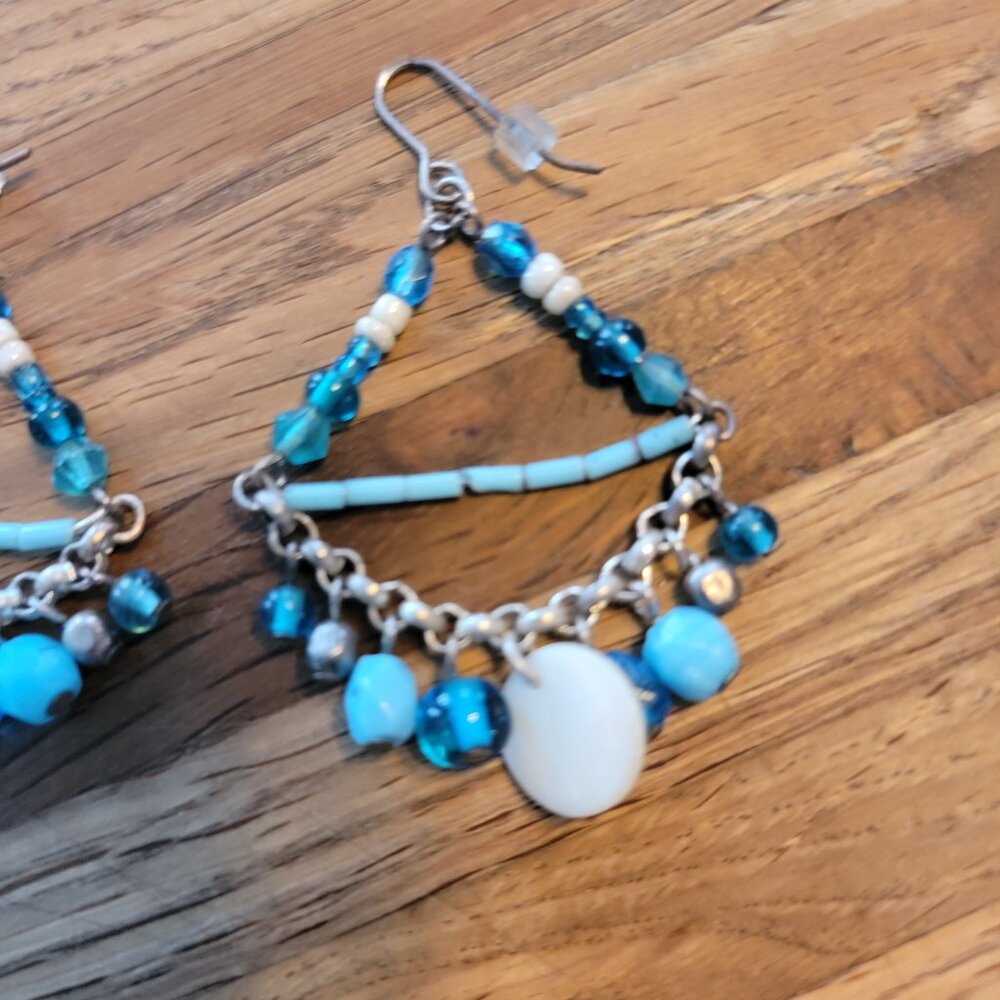 2" Trapezoid Blue Beaded Dangle Earrings - Picture 5 of 8